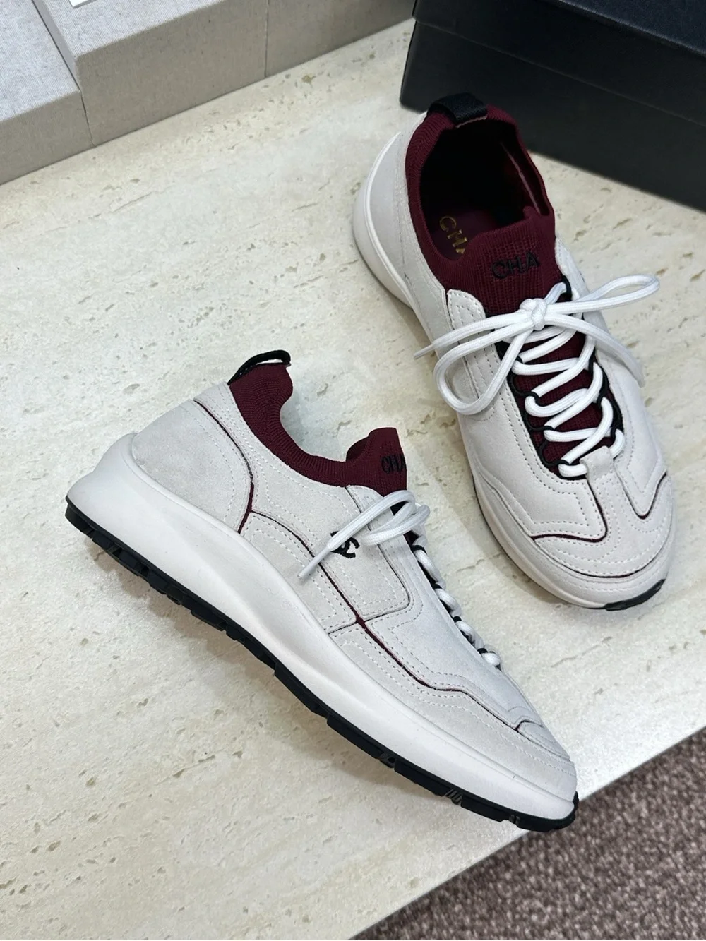 CHANEL White and Burgundy Suede Knit Runner Sneakers